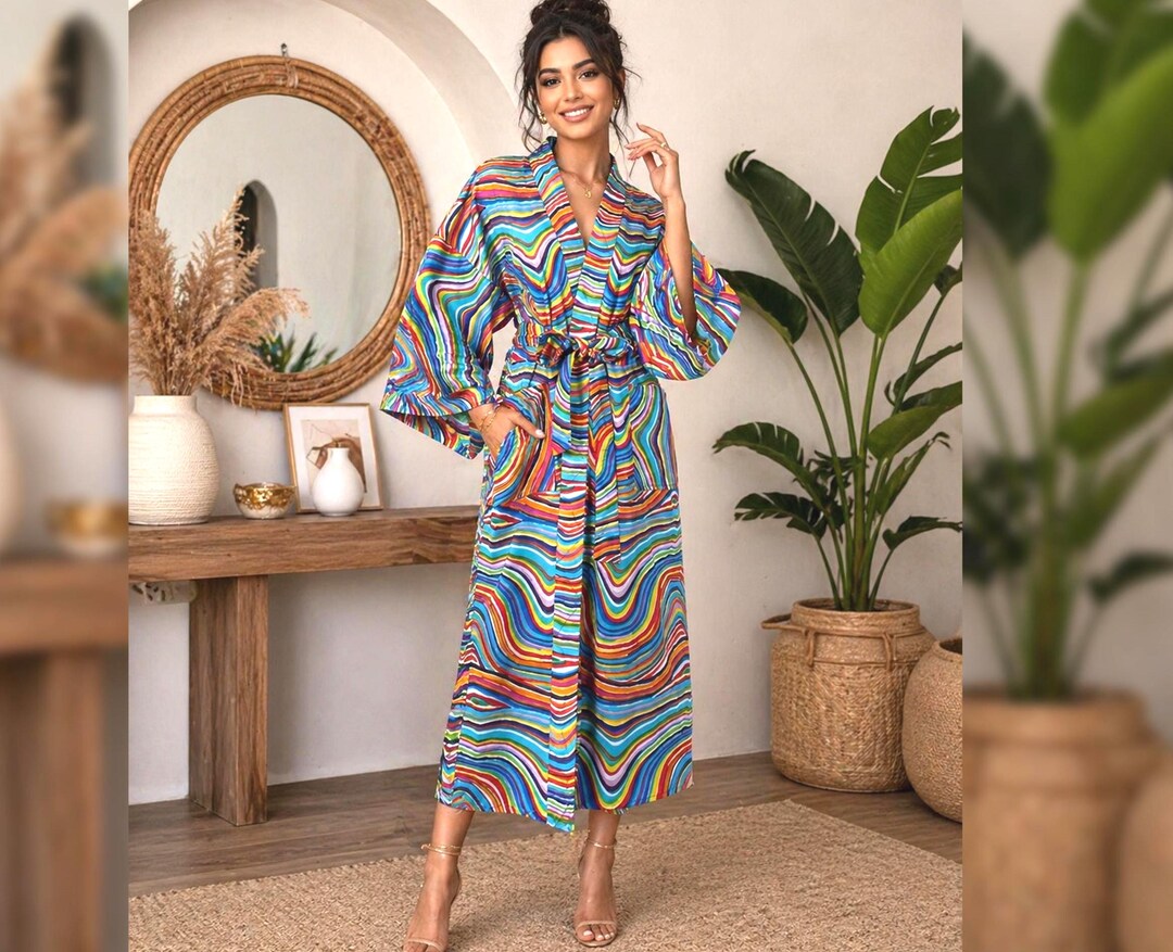 Rainbow Stripe Kimono Robe, Colorful Cotton Wrap Robe With Pockets ...