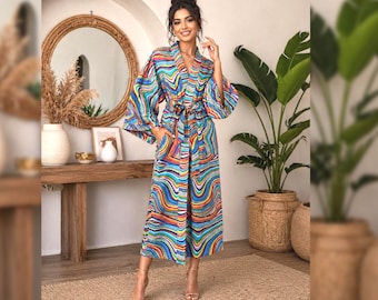 Szlafrok kimono w tęczowe paski, kolorowy bawełniany szlafrok z kieszeniami, wielokolorowy kaftan boho, ręcznie robiony strój domowy, szlafrok festiwalowy