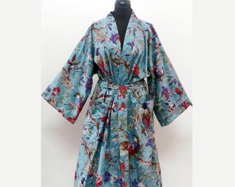 LONG KIMONO Kimono dressing gown for men or women large size summer dress Kimono dress Maternity bathrobe Boho kimono dress,blue