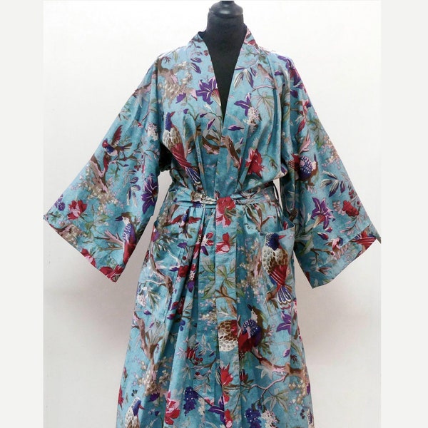 LANGER KIMONO Kimono-Morgenmantel für Männer oder Frauen, großes Sommerkleid, Kimono-Kleid, Umstandsbademantel, Boho-Kimono-Kleid, blau