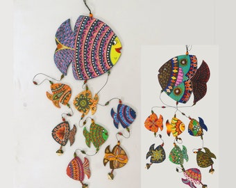 MOBILE to hang in multicolored painted wood with FISH motifs
