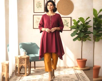 Maroon Cotton Tunic with Pockets, Front Button Kurti 85 cm Length, Loose Fit Boho Tunic Top, Indian Ethnic Wear, All Sizes