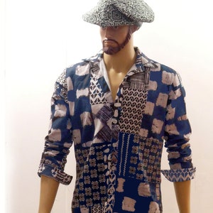 Men&#39;s long-sleeved shirt in digitally printed cotton canvas with indigo blue patchwork patterns