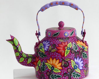 TEAPOT IN recycled ALUMINUM hand-painted boho Tea Pot Painting on teapot decorative teapot painted kettle teapot unique model paintedteapot