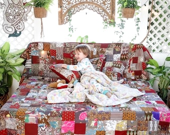 Colcha acolchada en patchwork de algodón burdeos, colcha acolchada ligera, elegante juego de cama, manta