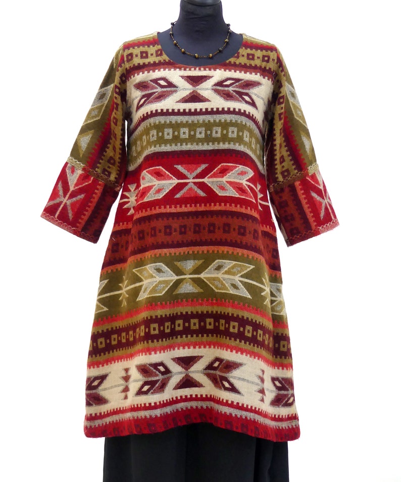 Reversible sweater tunic dress with red and beige ethnic design with matching scarf