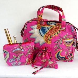 Pink Floral Makeup Bag Set, Cotton Cosmetic Bag, Travel Toiletry Organizer, Handmade Pouch Set, Boho Vanity Case