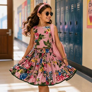 Peut inclure: Une jeune personne porte un ensemble deux pièces à fleurs roses, comprenant un crop top et une jupe à volants. L'ensemble présente un motif floral vibrant avec des teintes roses, bleues, jaunes et vertes. La personne porte également un bandeau rose et des lunettes de soleil.