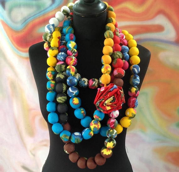 Maxi Large Bead Necklace in Floral and Multicolored Shalimar Cotton Fabric  