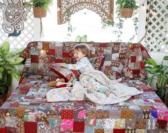 Bedspread, plaid, brown, multicolored cotton patchwork wall hanging with 2 assorted cushion covers,