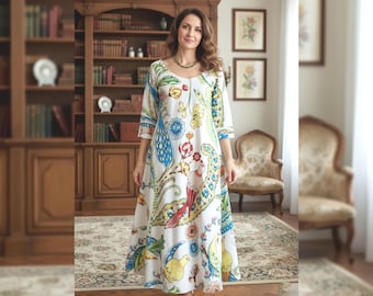 VESTIDO LONGO Vestido longo de verão com ou sem mangas em algodão com estampa floral, corte evasê com lenço combinando, branco