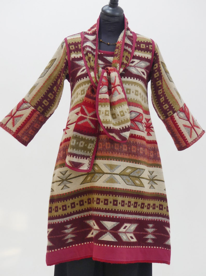 Reversible sweater tunic dress with red and beige ethnic design with matching scarf