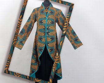Water green frock coat in cotton canvas with leaf patterns lined with plain light cotton