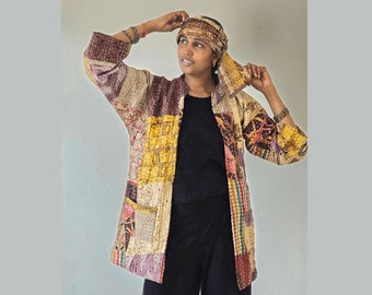 Chaqueta MIDI SEASON KIMONO mediana para hombre o mujer en patchwork de algodón kantha cosido a mano