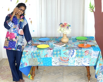 Turquoise Patchwork Cotton Tablecloth Set 145x200 cm | Reversible Table Cover with 6 Napkins | Boho Dining Decor | Handmade Table Linen