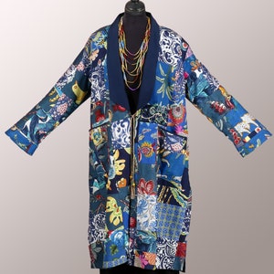 Blue and multicolored summer COAT in cotton patchwork for women or men