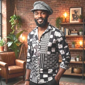 Peut inclure: Une chemise boutonnée à motifs noirs et blancs et une casquette assortie. La chemise présente un motif patchwork avec divers motifs géométriques et abstraits. La casquette a une impression similaire. La personne sourit.