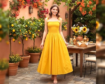 Vestido midi palabra de honor con bandeau y falda de 45 paneles | Vestido bohemio de algodón para mujer | Vestido de verano fluido de corte A | Conjunto de vacaciones hecho a mano