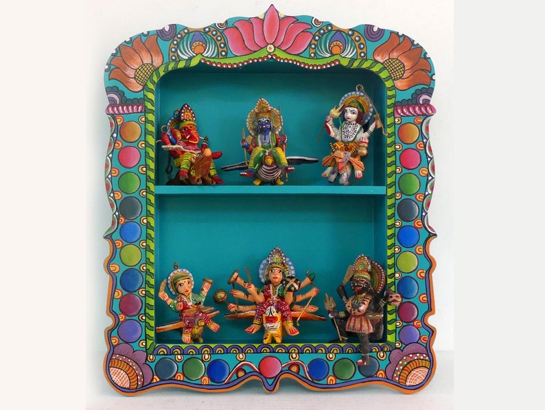 Display shelves for miniature and collectible in multicolored painted wood 