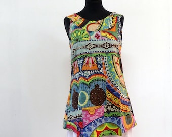Top sin mangas con canesú de cuello redondo en algodón estampado boho top multicolor,Multi