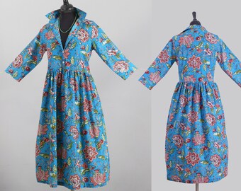 ROBE  été  en coton imprimé  boutonnée sur le devant avec jupe froncée et corsage à manches trois-quarts robe chemise,turquoise