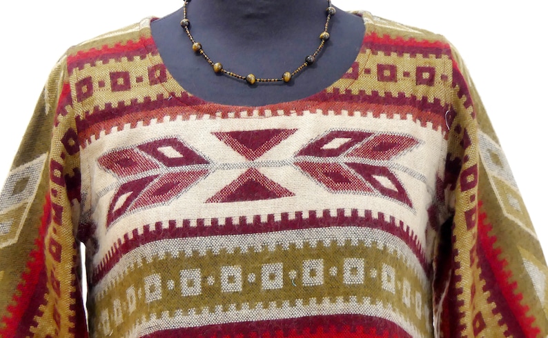 Reversible sweater tunic dress with red and beige ethnic design with matching scarf
