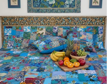 Colcha acolchada de patchwork de algodón azul. Colcha ligera, elegante colcha y cubrecama.