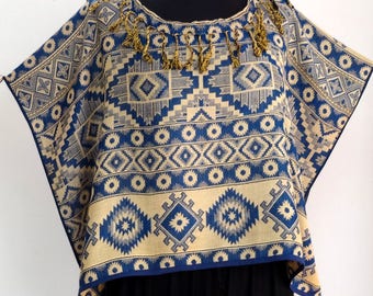 PONCHO SWEATER, shoulder cover, woven viscose, ethnic designs, reversible. blue and ecru
