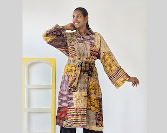 Veste KIMONO Long  MI SAISON pour homme ou femme en patchwork de  coton kantha  surpiqué main