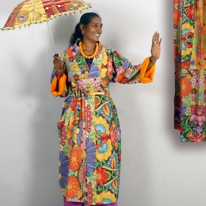 LONG KIMONO autumn coat dressing gown for men or women all sizes in cotton multi-colored patterns lined in plain yellow cotton