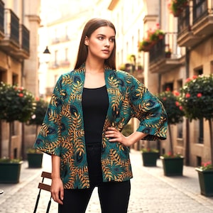 Peacock Print Cotton Canvas Jacket Kimono with Patch Pockets, Women’s Open Front Boho Jacket, Plain Lined, 65 cm Length