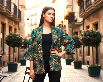 Chaqueta kimono de lona de algodón con estampado de pavo real y bolsillos de parche, chaqueta boho abierta para mujer, forro liso, 65 cm de largo.
