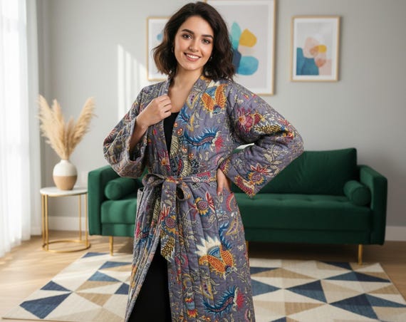 47 Printed Cotton QUILTED DRESSING GOWN Plain Lined Kimono Robe Padded Grey  Robe Big Size Dressing Gown Unisex - Etsy Israel
