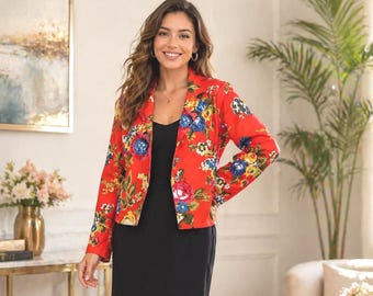 Red Floral Cotton Canvas Jacket | Structured Short Blazer Style | Handmade Cotton Coat with Plain Lining | Boho Statement Jacket