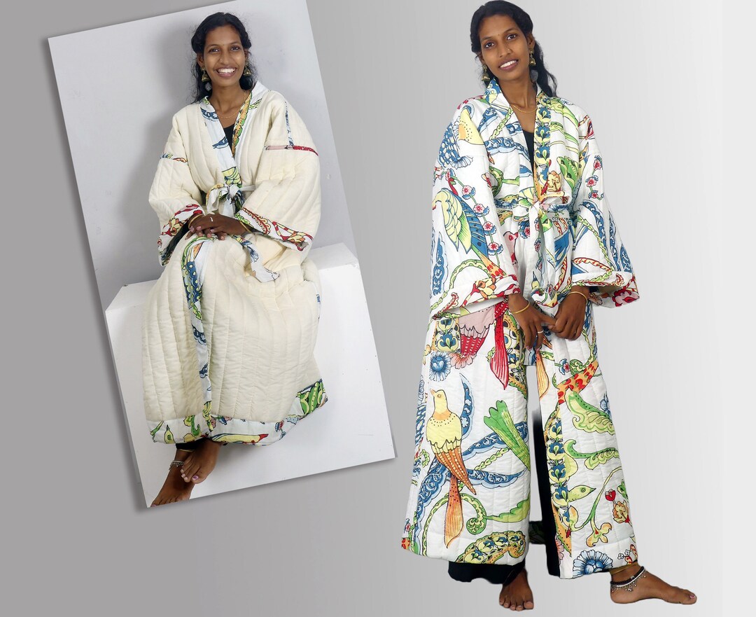Printed Cotton Quilted Dressing Gown Plain Lined Kimono Quilted