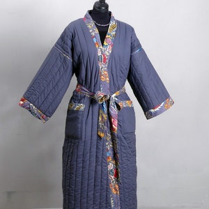 47 Printed cotton QUILTED DRESSING GOWN plain lined kimono robe padded grey robe big size dressing gown unisex image 4