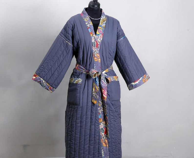 47 Printed cotton QUILTED DRESSING GOWN plain lined kimono robe padded grey robe big size dressing gown unisex image 4