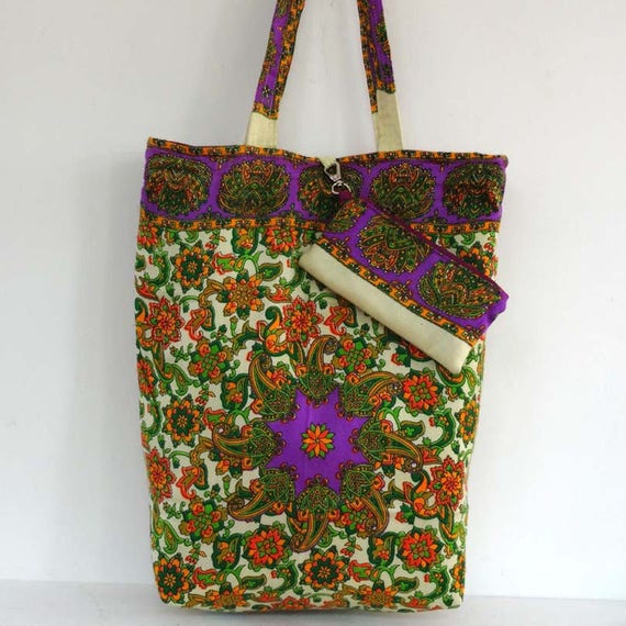 Tote bag in ecru and multicolored cotton bohemian print. | Etsy