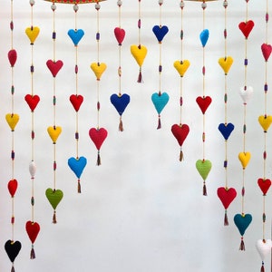 Door top, Garland, small hearts in multicolored plain cotton fabric with glass beads