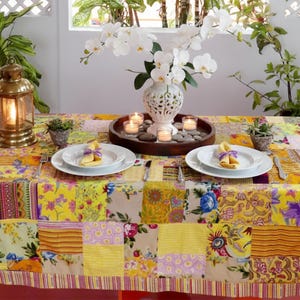 Yellow Rectangular tablecloth - multicolored patchwork cotton lined plain color - edged with a 6 cm border image 1