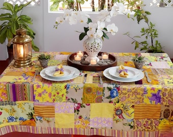 Gul rektangulär duk - flerfärgad patchwork med bomullsfoder i enfärgad färg - kantad med en 6 cm kant