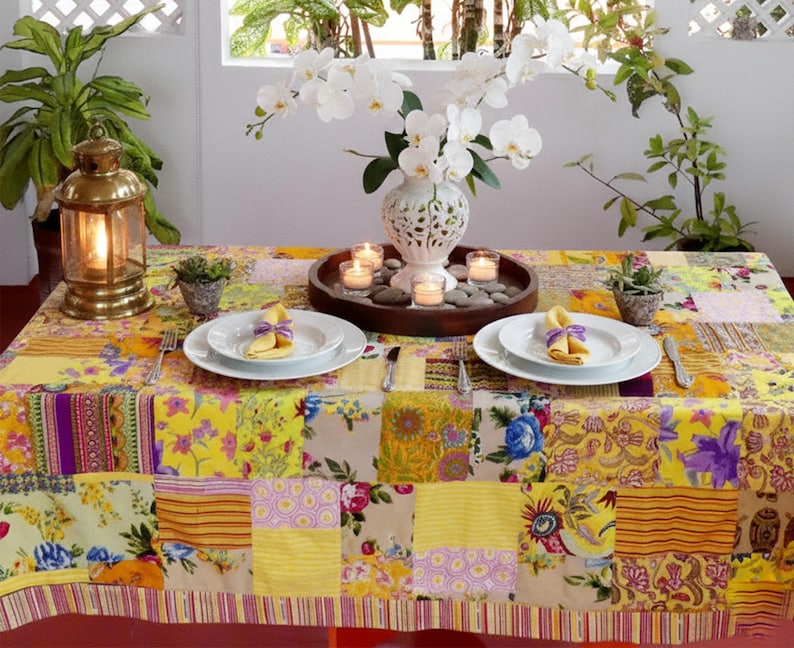 Yellow Rectangular tablecloth - multicolored patchwork cotton lined plain color - edged with a 6 cm border image 1