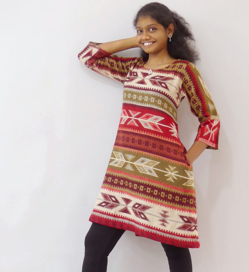 Reversible sweater tunic dress with red and beige ethnic design with matching scarf