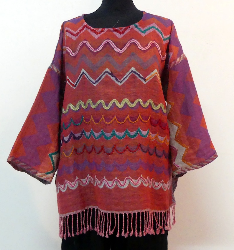 long sleeves Pullover tunic shawl gray and taupe in pure wool embroidered flowers and leaves round neck
