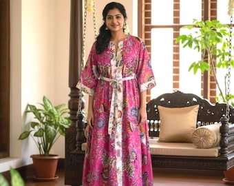 Women’s Pink Floral Cotton Kaftan Dress | Boho Maxi Lounge Dress | Loose Fit Summer Dress | Handmade Ethnic Caftan Robe