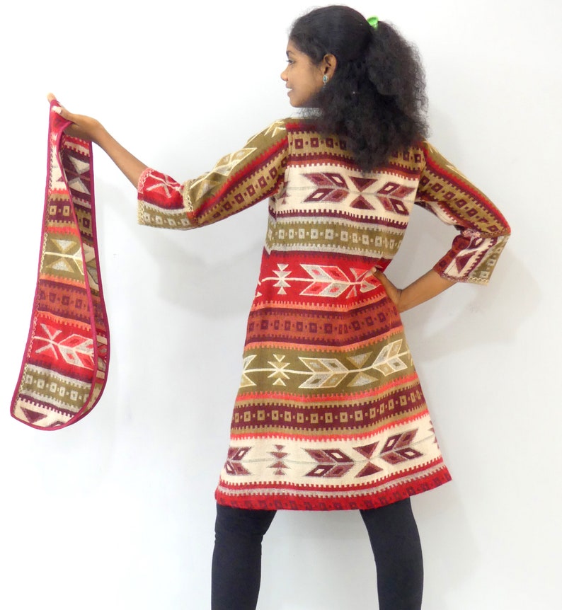 Reversible sweater tunic dress with red and beige ethnic design with matching scarf