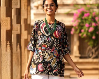 Black Multicolor Floral Cotton Tunic, Loose Fit Boho Kurti, Printed Indian Top, Casual Ethnic Wear, Women’s Summer Tunic