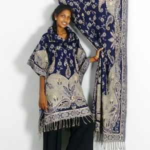 SHALL PONCHO wool ethnic PAISLEY design large size for woman and man grey and blue