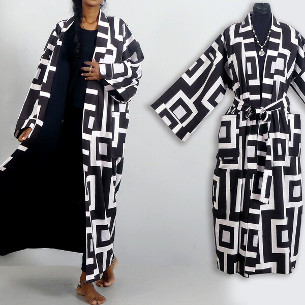 LONG KIMONO Kimono robe de chambre pour homme ou femme grande taille  noir et blanc  dessin géométrique doublé coton uni