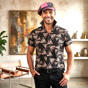 Men’s Black Geometric Print Cotton Canvas Shirt, Front Button Short Sleeve Shirt, Modern Abstract Pattern Shirt, Casual Statement Shirt